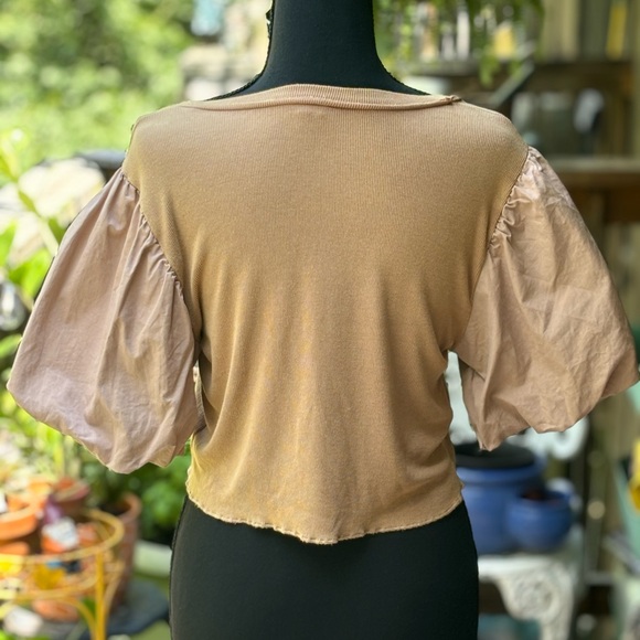 Pol Beige Puff Sleeve Mixed Media Crop Top - Picture 2 of 6